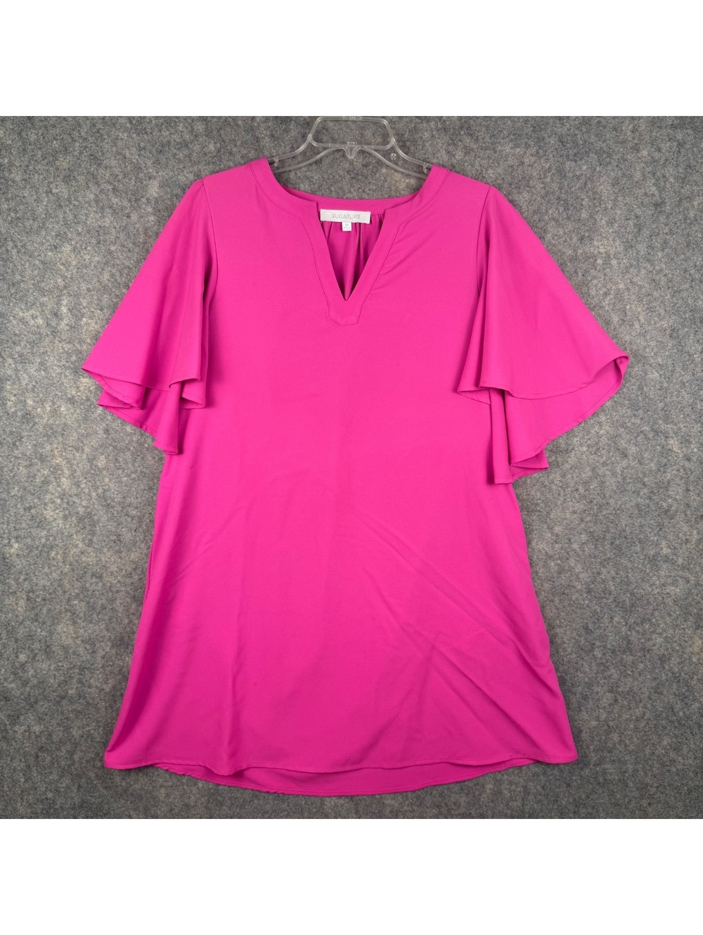 Sugarlips Marquee Shift Dress Hot Pink V Neck Flutter Sleeves Pockets Medium 698